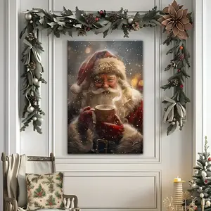 America Christmas Art Poster Santa Claus Drinking Coffee in Snow 24"x36" Canvas Print with Wooden Frame Ideal Gift for Bedroom Living Room Wall Decoration UV Resistant Fade Resistant Quality Artistic Hanging Hardware Kit Included