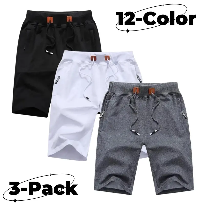 YUYANGDPB Menswear 3-Pack Plain Elastic Loose Cotton-Spandex Blend Athletic Shorts with Zipper Pockets, Drawstring - Breathable Gym Clothes, Outdoor Loungewear Bottoms