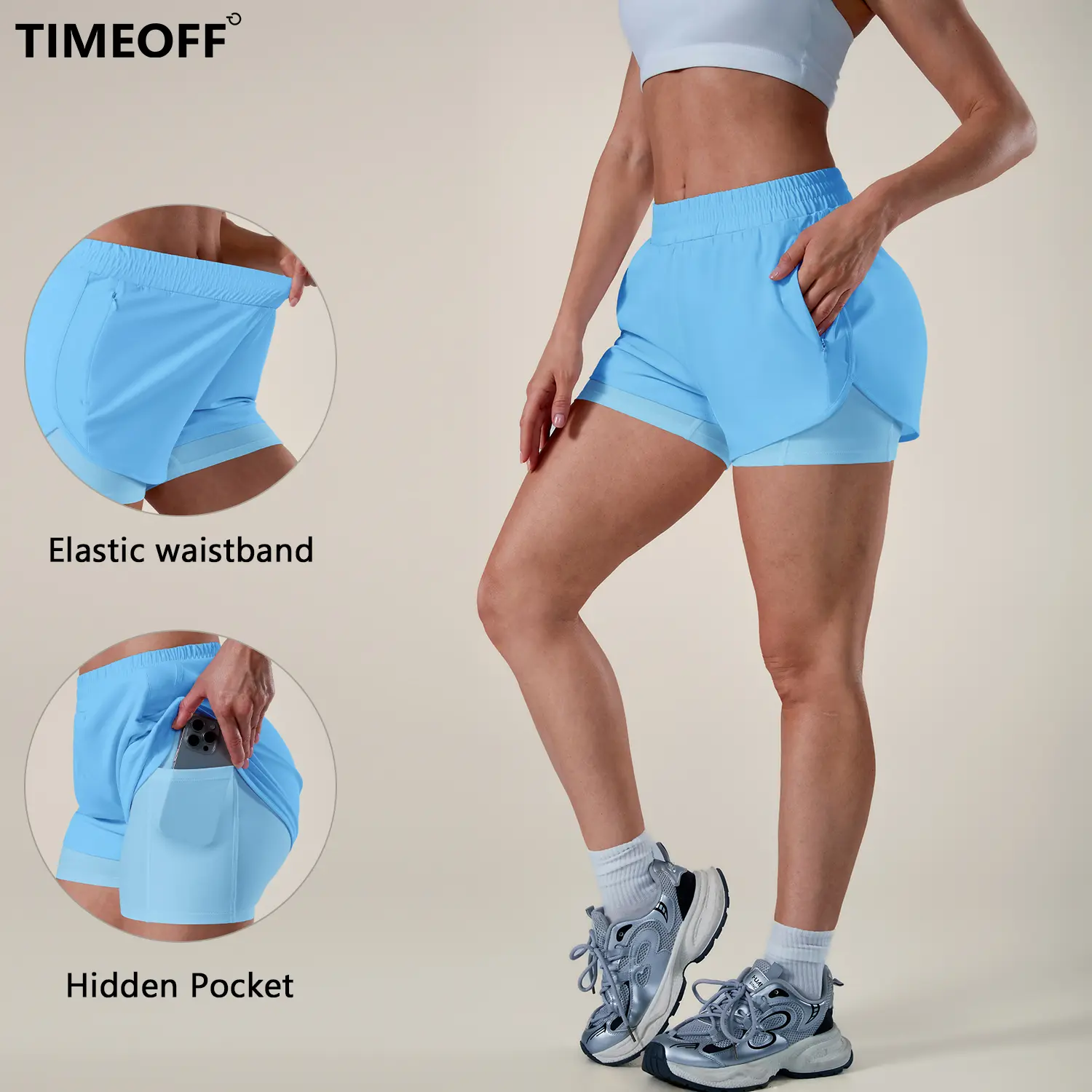 TIMEOFF Women's 2-in-1 High Waist Quick-Dry Athletic Shorts with Anti-Chafing Liner and Phone Pocket for Running, Gym & Workout, Activewear Shorts, Athletic Sports Shorts
