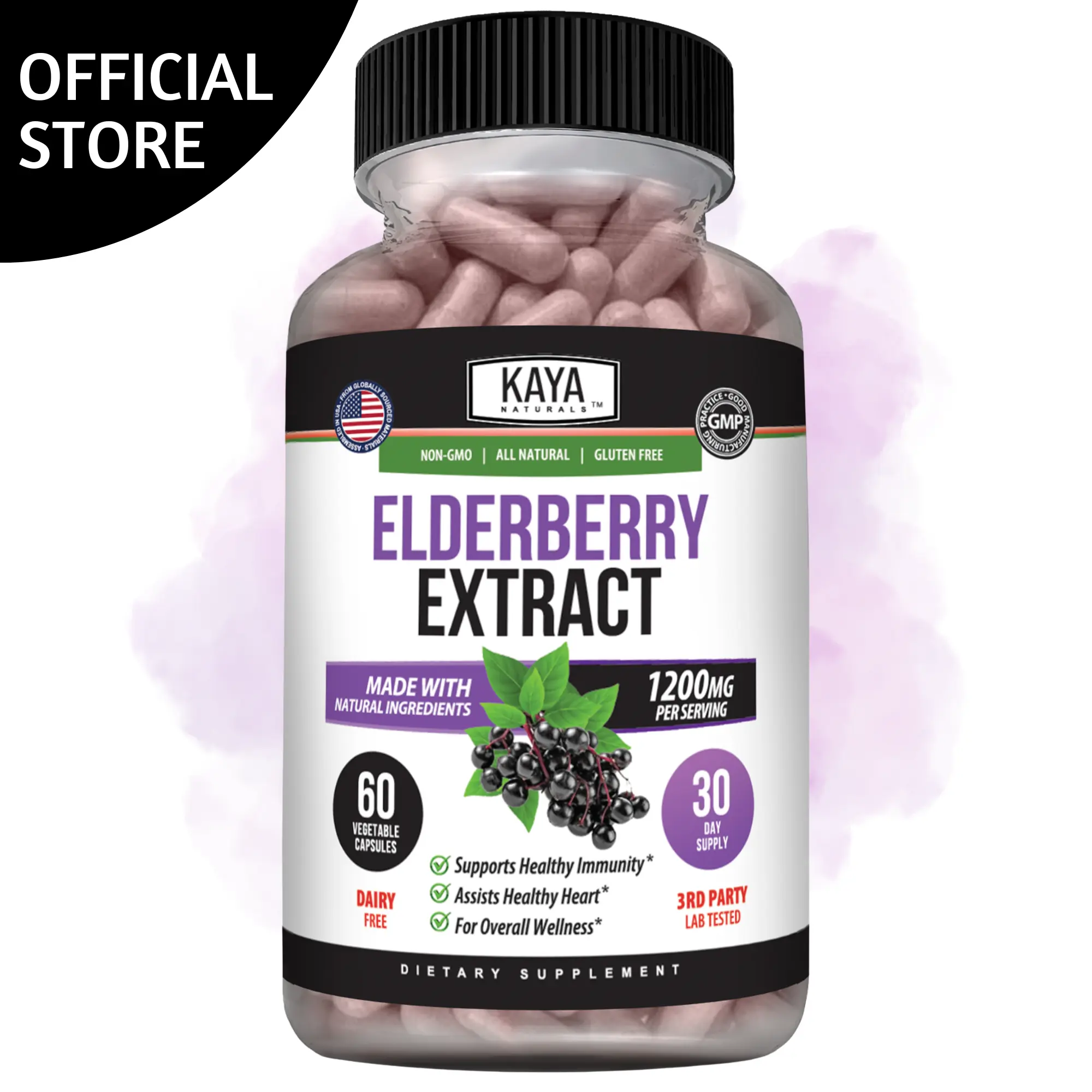 Kaya Naturals Elderberry 1200mgDaily Immune Support Supplement with Antioxidants - Natural Daily Wellness Capsules 60ct Dietary Supplement