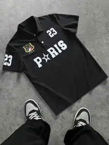 1 Piece Men‘s Casual Polo Shirt, Black With Paris Graphic Print & Number 23 Design, Classic Fit For Smart Casual Style, Office Leisure And Weekend Outings, Fitted, Streetwear