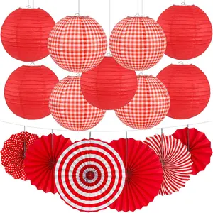 15 count Red Gingham Party Decorations, 12 Inch  Paper Lanterns and Fans for Picnic, BBQ, Pizza Party, Crawfish Boil, Birthday,  Shower, Graduation