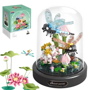 Dragonfly flower collection building set with dust cover, animal flower plant insect plant natural decoration set, stem mini brick birthday gift for girls over 12 years old
