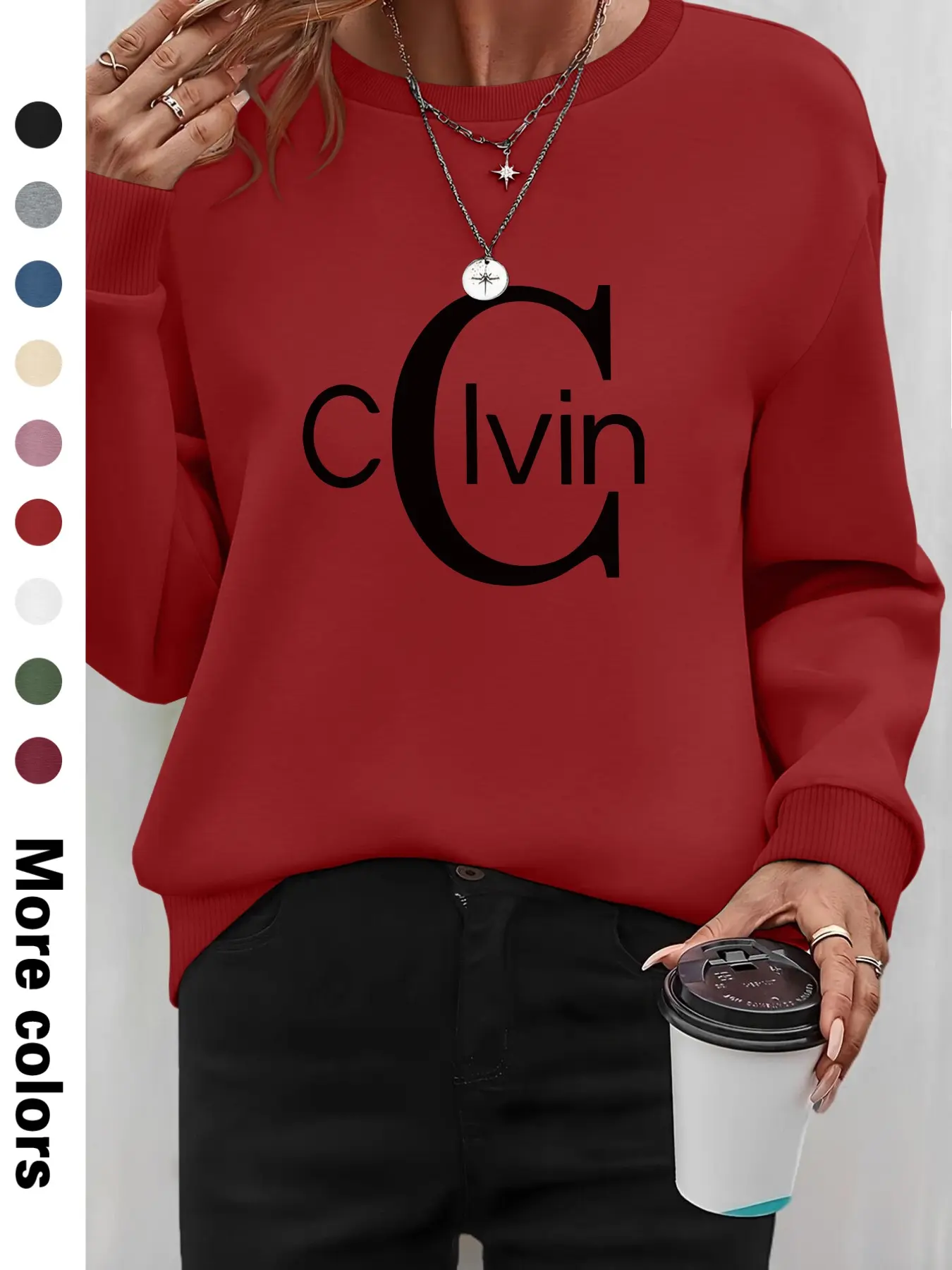 Women's Calvin Letter Print Casual Long Sleeve Round Neck Pullover Sweater, Spring & Fall Fashion, Available in 9 Colors