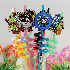 12pcs Pirate Ship Multicolor Spiral Straws, Reusable Straws for Cocktails Coffee Milk, Party Decor Straws for Birthdays Weddings Beach