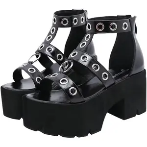 Women's Elegant Stylish Goth Black Heeled Platform Sandals - Open Toe, Ankle Strap, Chunky High Heel, Slingback Roman Gladiator Footwear with Zip Closure for Summer Parties outdoorfun