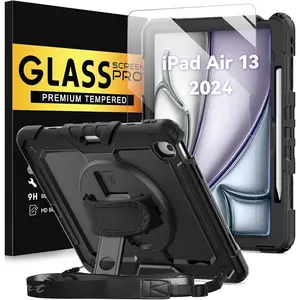 Protective Case for iPad Air 13 Inch M3 2025 & M2 2024 with Tempered Glass Screen Protector & Pencil Holder,Rugged Construction iPad Air 13 Cover with Stand Hand  Strap (Black)