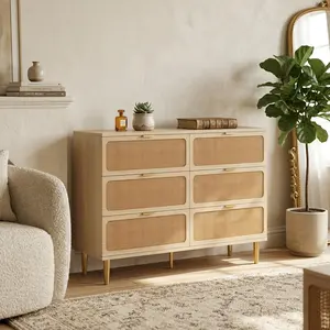 Spacious Rattan 6 Drawer Dresser - Large Modern Entryway Storage Cabinet - Wide Top, Deep Drawers, Double Organizer for Bedroom, Hallway, Living Room - Ideal for Kids Room, Closet, or Nursery - White or Natural Finish