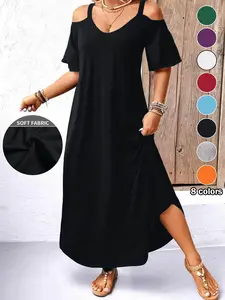 Plus Size Women's Dress, 8 Colors Available, Off-Shoulder Short Sleeve, Summer Vacation Casual Loose V Neck Long Dress, Conceals Fat, Slimming, Versatile, Comfortable