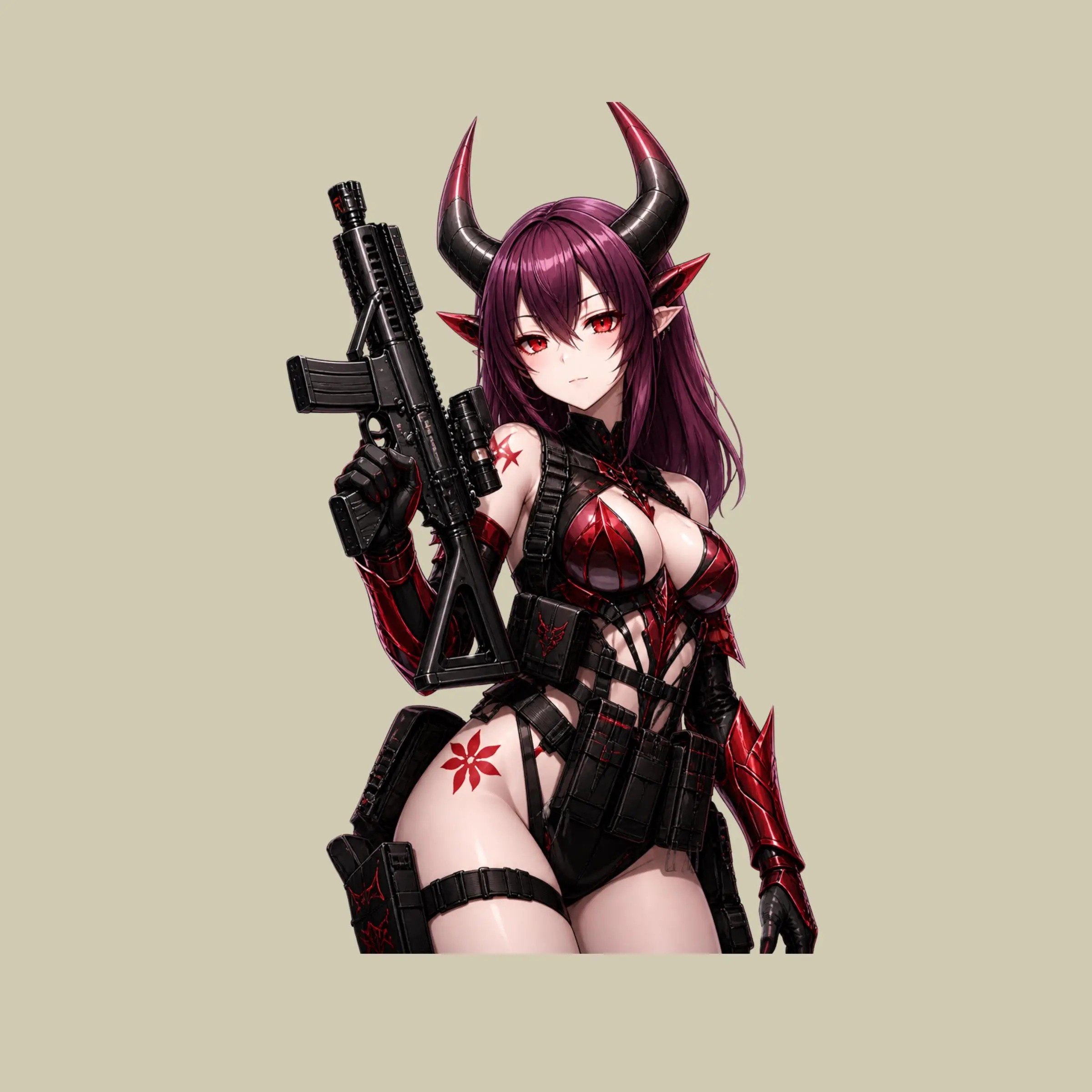 Demon Horn Red Black Tactical Anime Girl Sticker, Fantasy Warrior Vinyl Decal Cool Dark Aesthetic