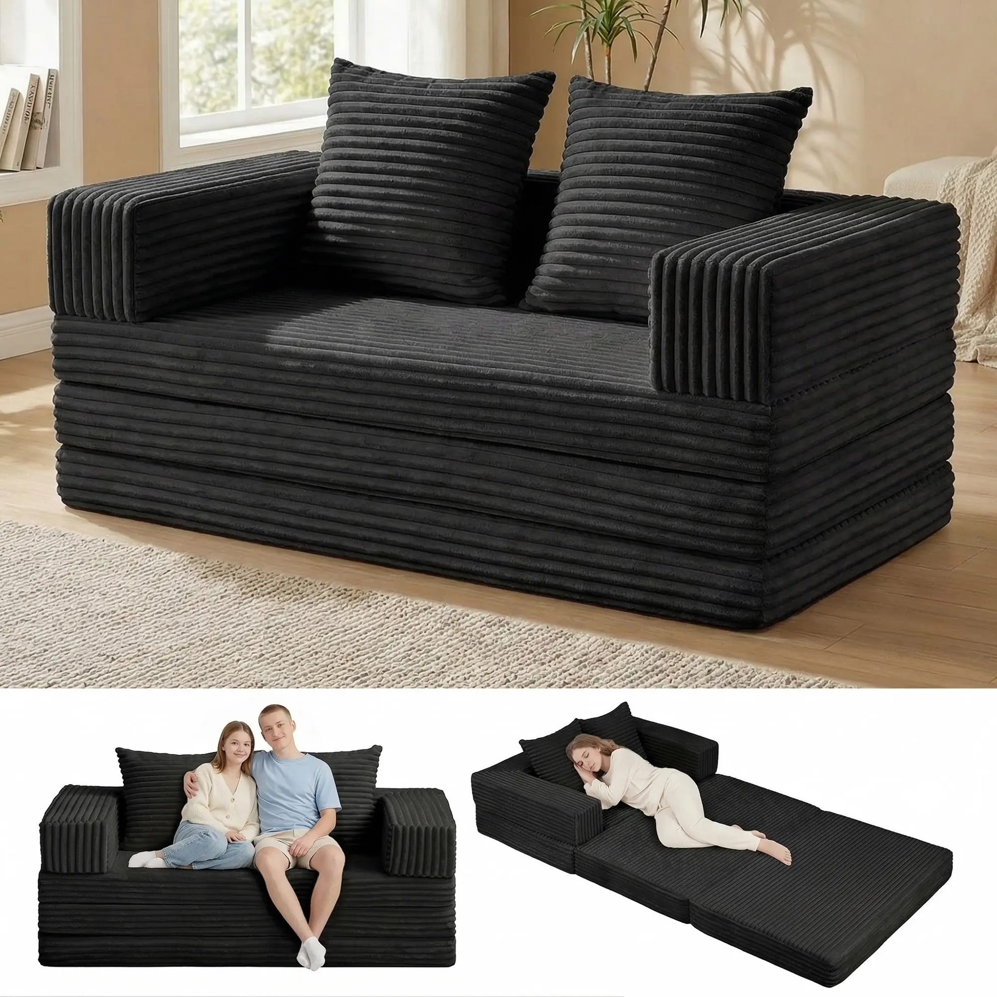Winzoo 4-in-1 Convertible Sofa Bed,Folding Mattress Boneless Loveseat with Removable Armrests,Futon Couch Bed,Sleeper Sofa for Living Room Bedroom Small Place