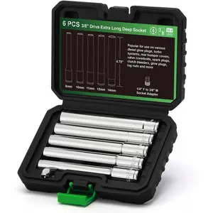 6PCS 3/8-Inch Drive Extra Deep Metric Socket Set, 6 Point, 8mm, 10mm, 11mm, 12mm, 14mm, 1/4" F to 3/8" M Socket Adapter, 120MM Deep CR-V Socket for Automotive and Industrial Applications