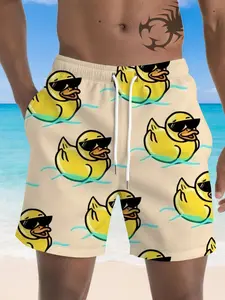Men's Summer Quick-Dry Beach Shorts, Cartoon Sunglasses Duck Full Print Loose Drawstring Half-Length Casual Vacation Shorts