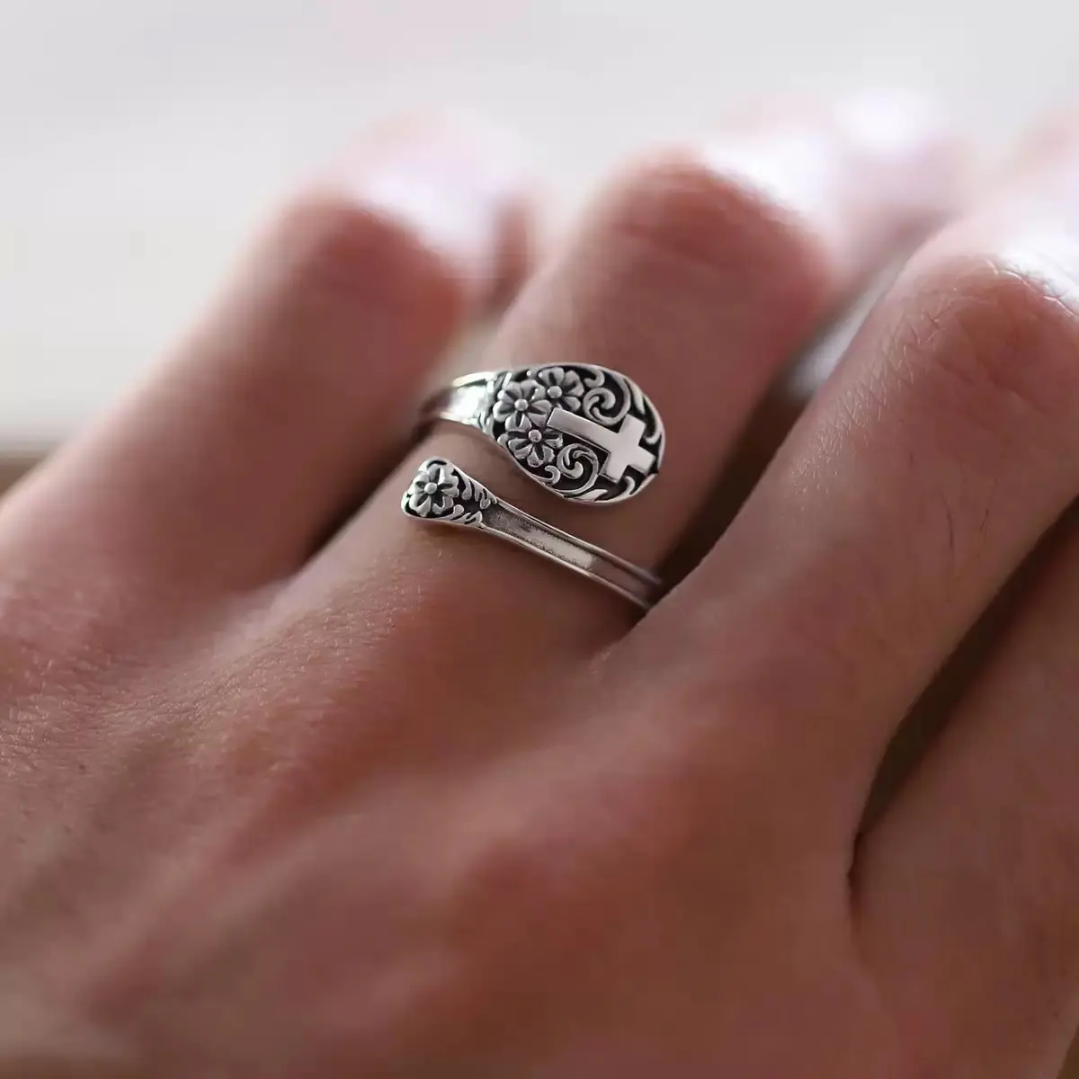 925 sterling silver adjustable bohemian faith ring with a vintage 3D embossed cross design, embodying the classic bohemian style. A great choice for women’s accessories and gifts. Statement Ring Promise Rings
