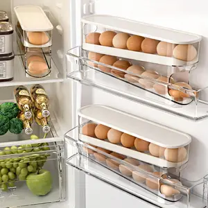 Auto Rolling Fridge Egg Organizer Space Saving Eggs Dispenser for Refrigerator Storage Home Egg Holder with Transparent Cover and Two Tier Design