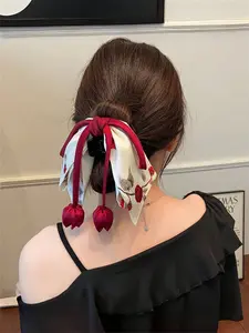 Vintage Chinese Style Fabric Rose Bow Hair Clip, Elegant Boho Accessory for Beach Vacation, Dress Up, Daily Wear, Fall Winter Fashion