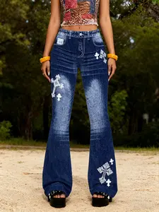 American High Street Cropped Cross Patched Denim Jeans, Vintage Washed Look, Slim Fit Wide Leg Jeans, Retro Style Streetwear