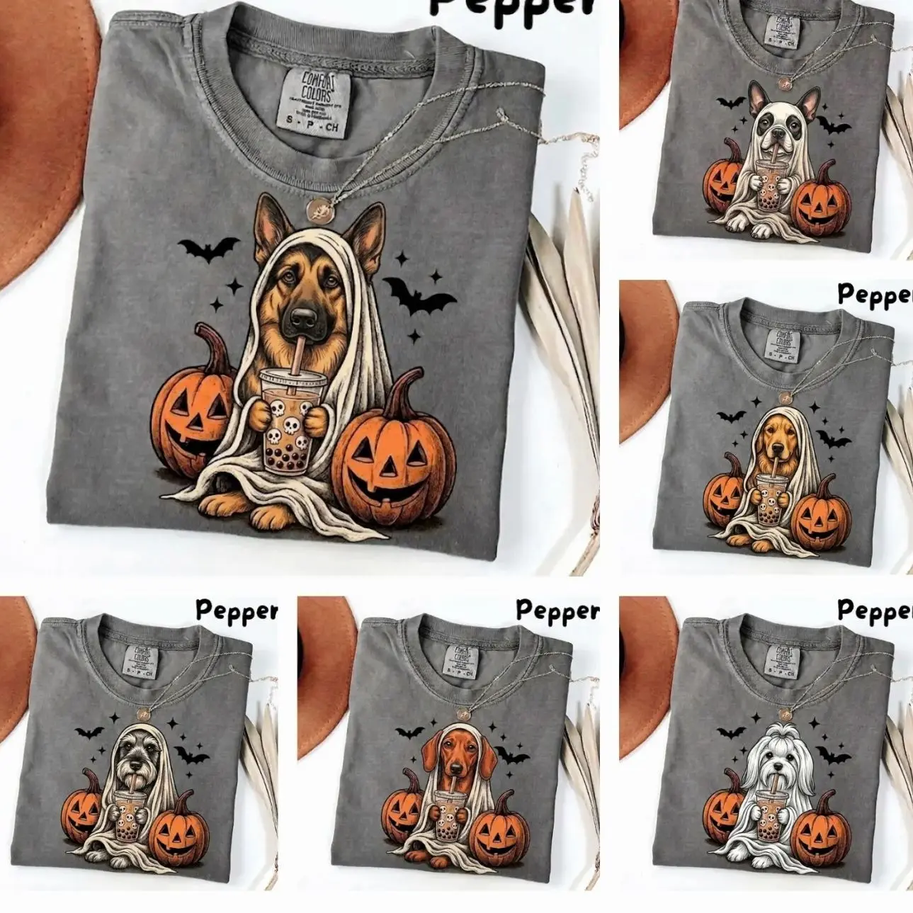 Comfort Colors Pepper Dog Shirt, 50+ Breeds Available - Custom Ghost & Boba Tea Halloween Tee, Funny Dog gift for Halloween jun29