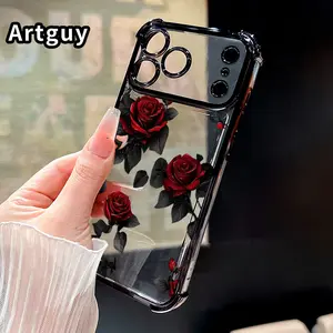 Clear Protective Four Corners Air Cushion Anti-drop Phone Case For iPhone 17 Pro Max 16 15 Plus Air 14 13 12 11 E Elegant Red Roses Pattern Premium Plated Cover Casing