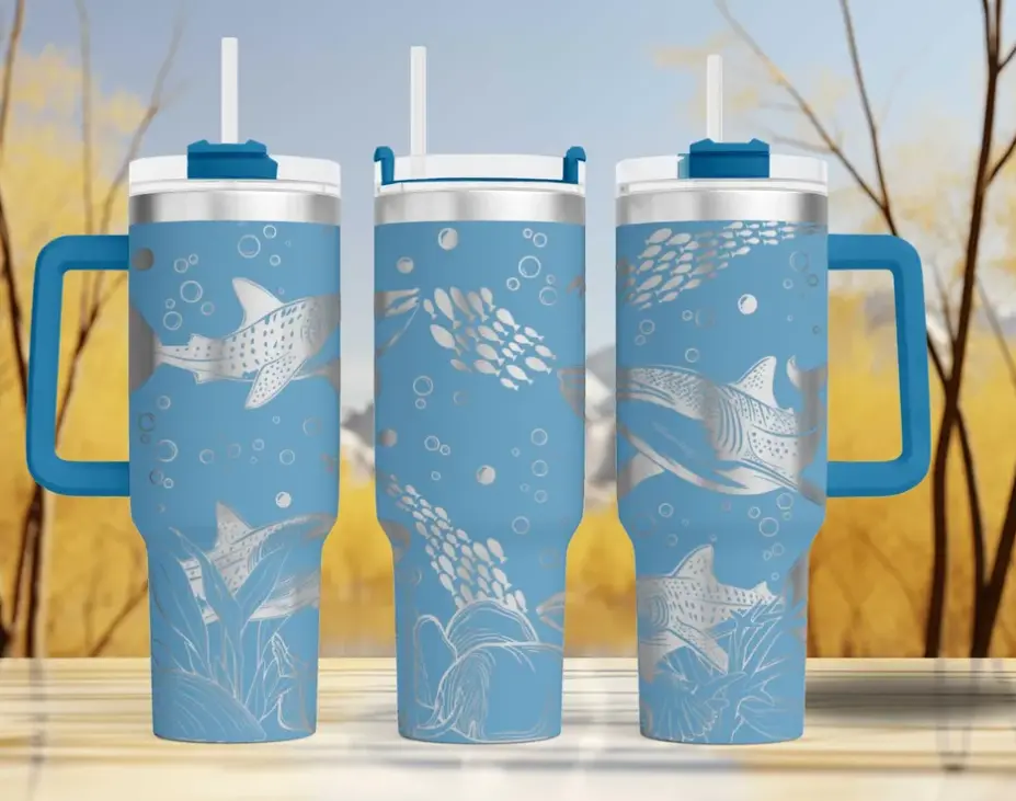 [Gift Box & Straw] Whale Shark Laser Engraved 20oz Skinny & 40oz Handle Tumbler, Coral Waves Ocean Marine Life Stainless Steel Vacuum Insulated Coffee Cup, Hot & Cold Travel Mug, Sea Lover Gift