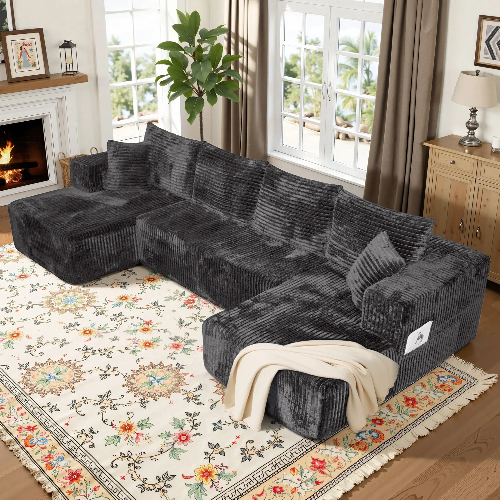 Popular 132'' U-Shape Oversized Cloud sofa Couch with 6 Soft Pillows No Assembly Needed - Corduroy Modular Sectional Sofa Deep Seat Boneless Upholstered Couches for Living Room