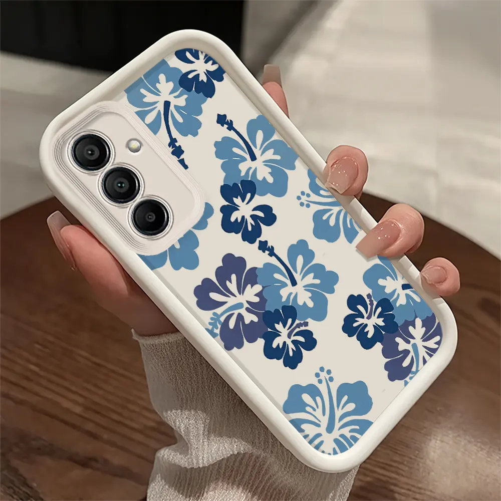 Phone Case: Hibiscus Blue Pattern Black and White Phone Case, for Samsung Galaxy S26,S26PLUS,S26ULTRA,S25,S25PLUS,S25ULTRA,S24,S24FE,S24PLUS,S24ULTRA,A54,A53,A52,A36,A35,A34,A33,A17,A16,A15,NOTE20,NOTE20ULTRA,S23,S23PLUS,S23ULTRA,S22,S22PLUS,S22ULTRA,A14,