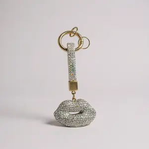 Silver Rhinestone Lip Bag Charm with Gold Hardware for Stylish Accessories