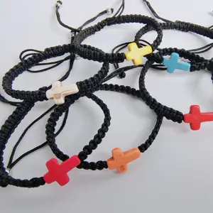 Simple colored turquoise cross bracelet, flat knot, hand woven black hand rope, communion and baptism bracelet