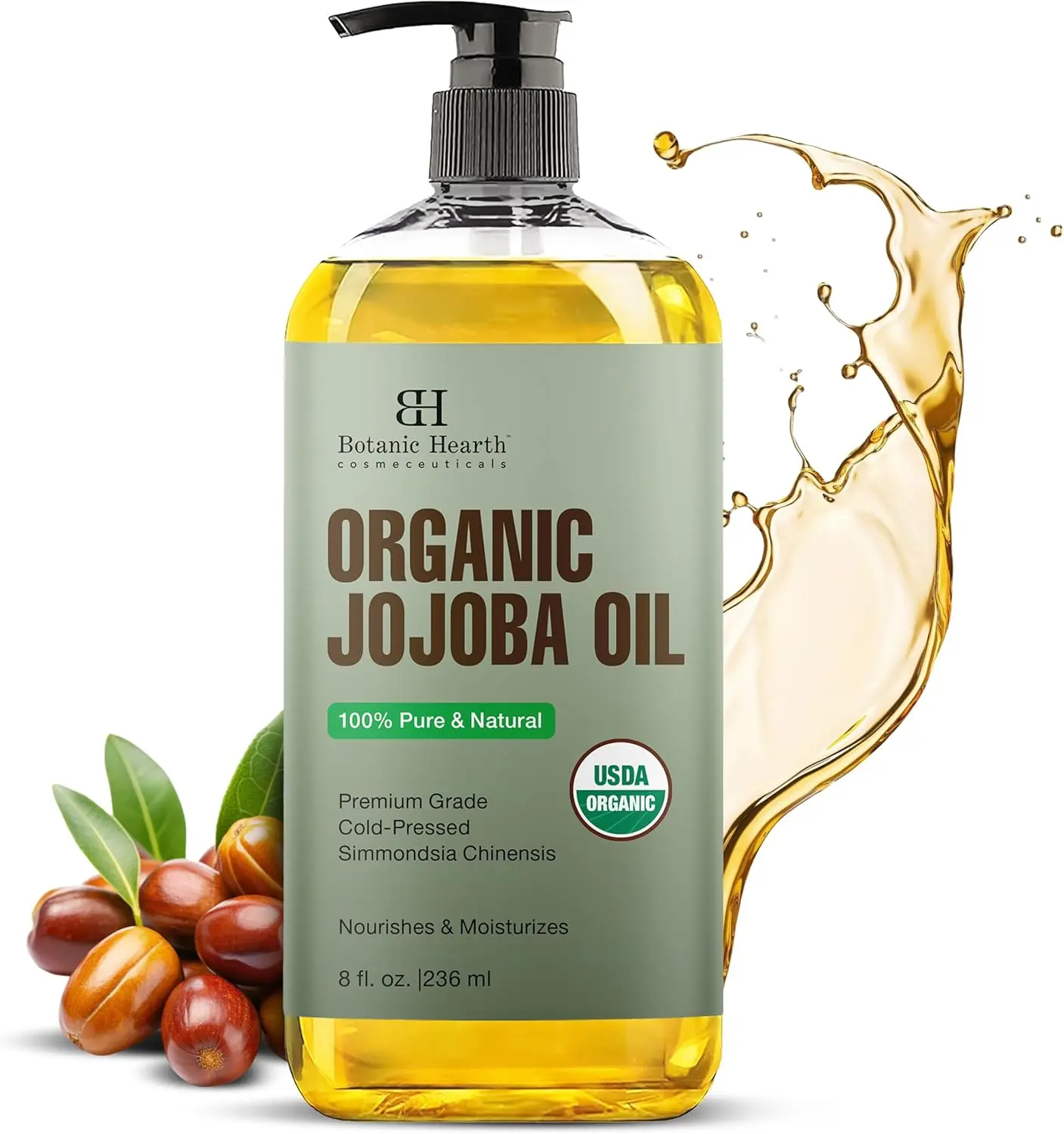 Botanic Hearth USDA Organic Jojoba Oil 100% Pure and Natural - 8 Fl oz | Cold Pressed & Hexane Free Natural Hair Growth Oil for Eyelashes, Eyebrows, Skin, Body, Face, Nails & Scalp