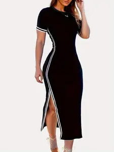 Women's Striped Side Split Thigh Bodycon Dress, Casual Short Sleeve Round Neck Midi Dress for Summer, Ladies Clothes for Daily Wear