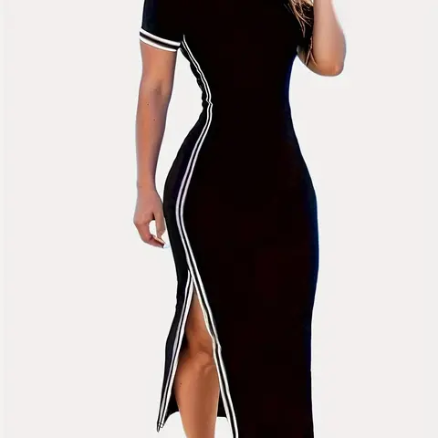 Women's Striped Side-Slit Bodycon Dress, Casual Short-Sleeve Round-Neck Midi Dress for Daily Wear, Summer Clothes, Slit Design