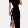 Women's Striped Side-Slit Bodycon Dress, Casual Short-Sleeve Round-Neck Midi Dress for Daily Wear, Summer Clothes, Slit Design