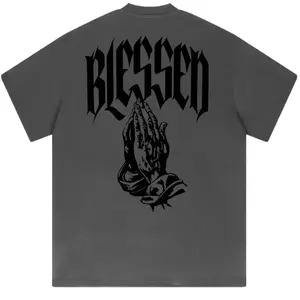 Blessed Praying Hands Graphic T-Shirt, Christian Streetwear Tee, Faith Inspired Gothic Lettering Shirt, Religious Vintage Graphic Tee for Men