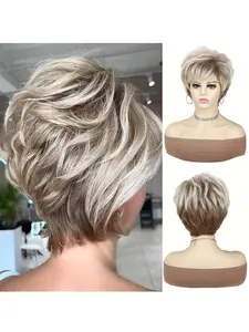 Women's Stylish Short Layered Wavy Wig with Bangs, Heat-Resistant Synthetic Hair, 180% Density, Full Wig for Everyday Wear