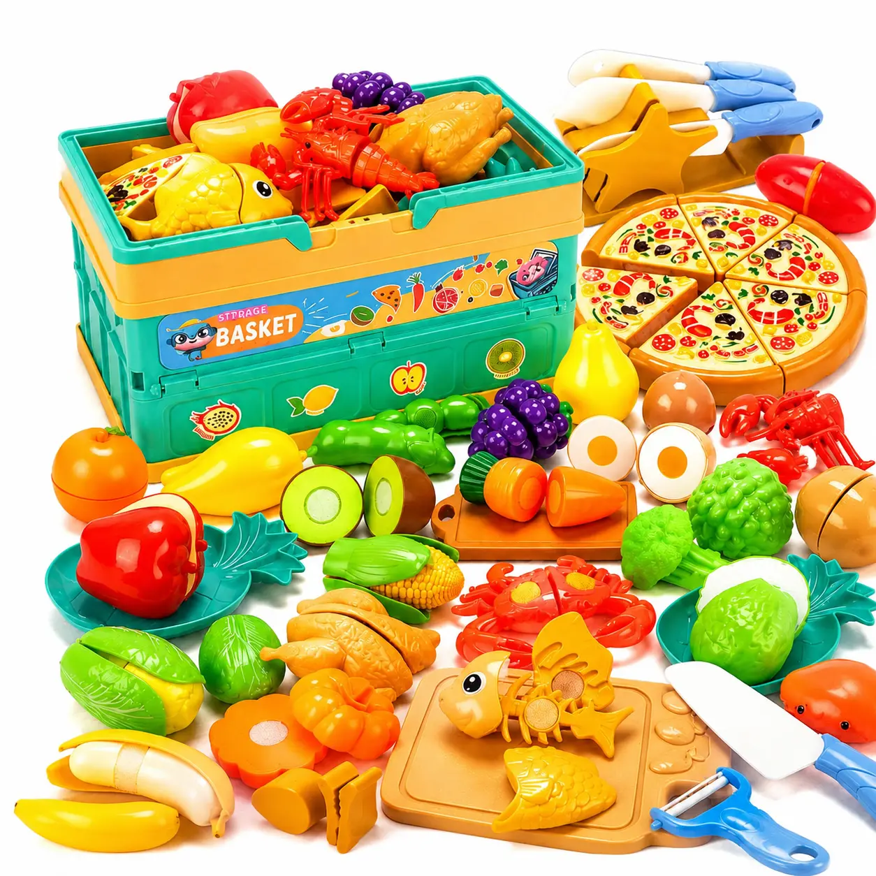 Kids Kitchen Cutting Food Toy Set - Pretend Play Kids Toys with Vegetables, Fruits, Corn, Grapes, Pears, Turkey, Lobster, Sweet Potato, Cutting Board, Educational Role Play for 3-6 Year Old Toddlers, Toddler Gifts, Broccoli