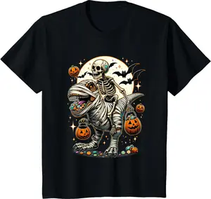 Skeleton Riding Mummy Dinosaur T Rex Boys Kids Halloween T-Shirt