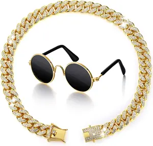 2 Pieces Cat Dog Chain Collar and Sunglasses Set Rhinestone Necklace with Secure Buckle round Glasses for Doll Cat Dog Pet Accessories(10 Inch,Gold, Black) Xuniea