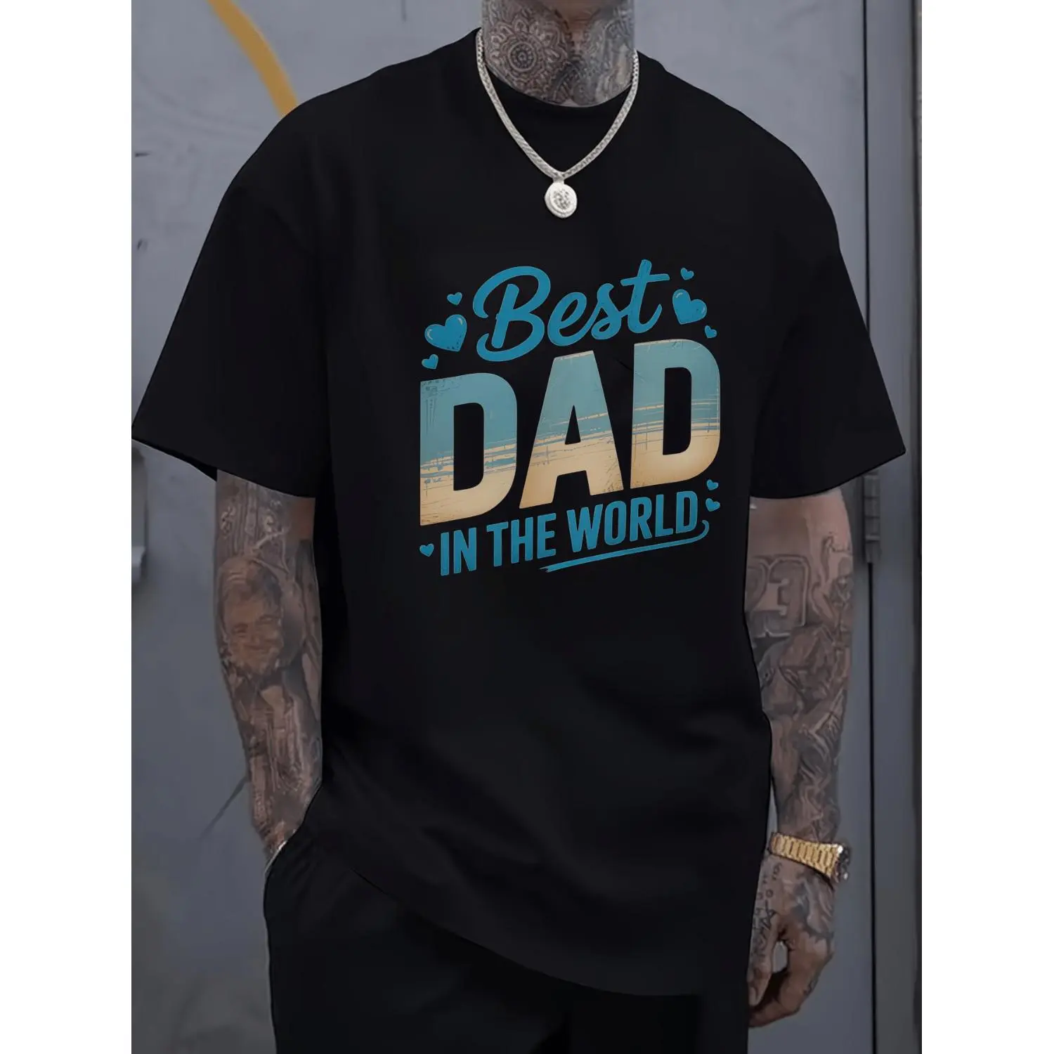 Men's "Best Dad in the World" Graphic T-Shirt - Soft Fabric, Skin-Friendly Short-Sleeve Round Neck Tops with Geometric Print, Summer Streetwear, Father's Day Gift for Men
