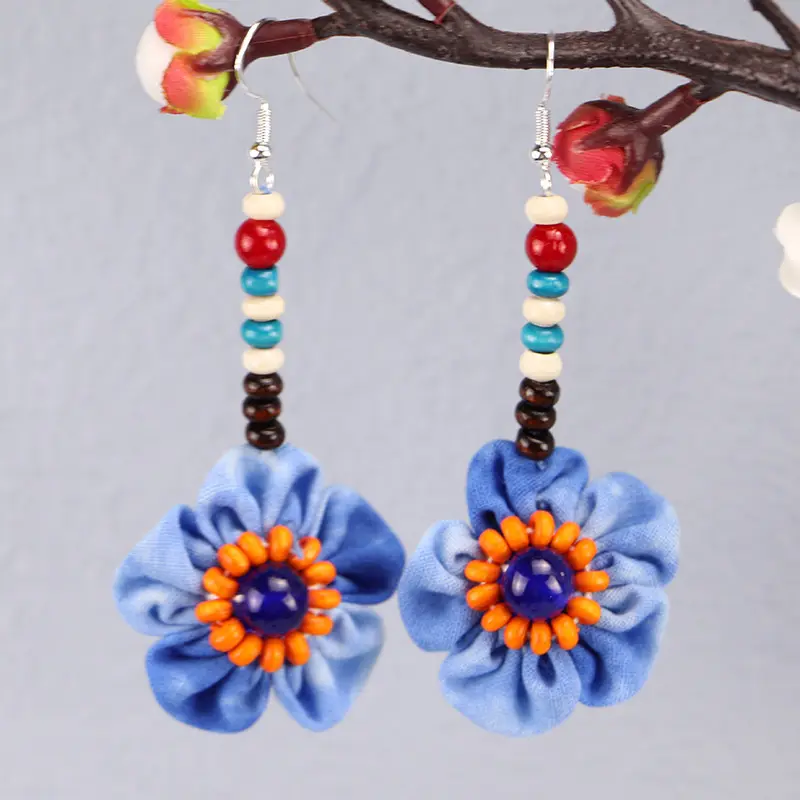 Chinese Intangible Cultural Heritage Yunnan Ethnic Style Plants Tie-dye Handmade Fabric Earrings Earrings