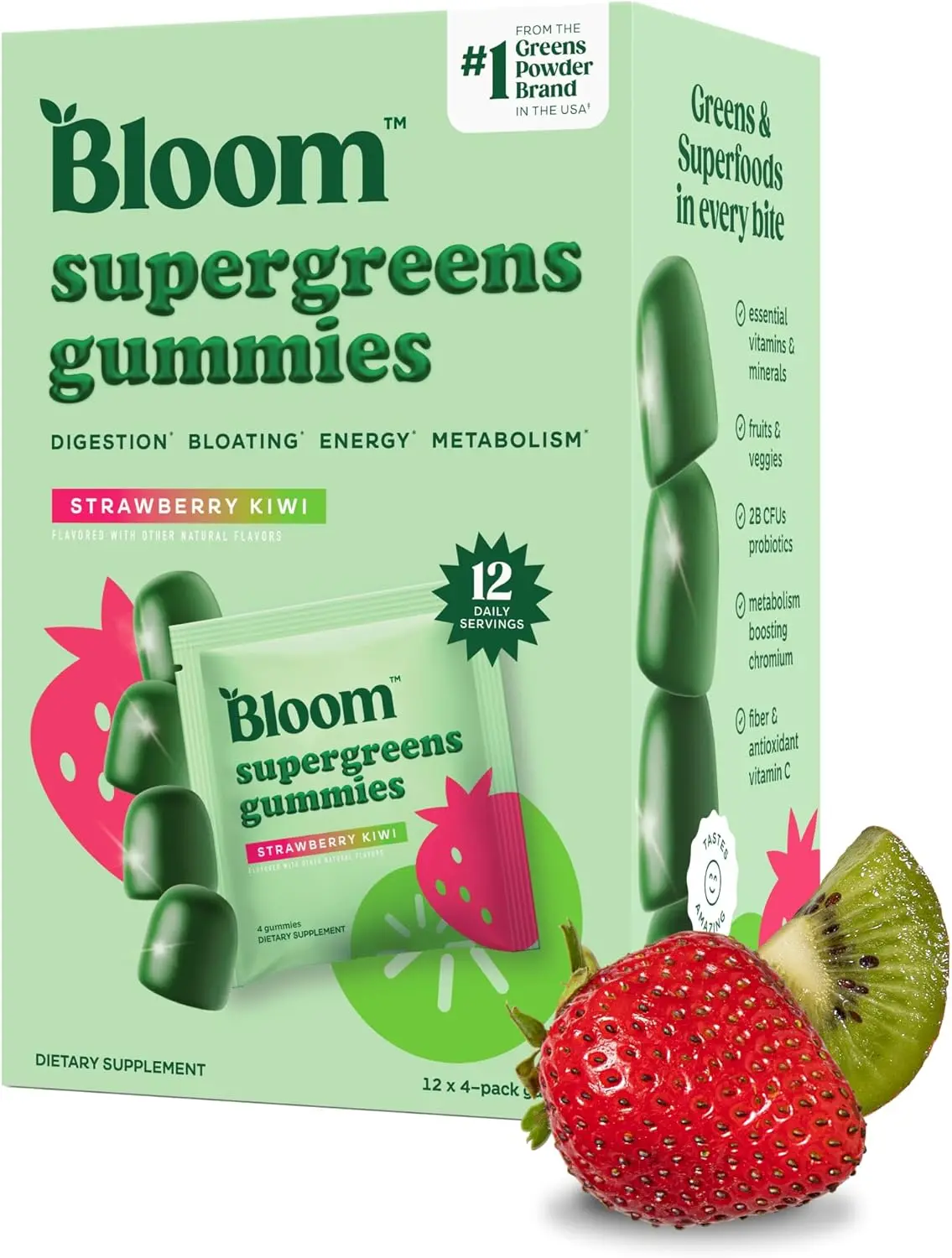 Bloom Super Greens Gummies, Daily Greens Superfood Fiber Gummies with Fruits, Vegetables, Vitamins & Minerals for Digestive & Gut Health, Bloating Support, Strawberry Kiwi, 12 Servings (48 Total)