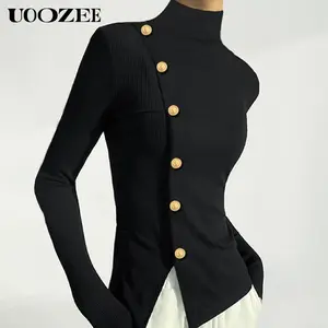 Women's Minimalist Knit Turtleneck, Slim-Fit Long Sleeve Shirt with an Irregular Split Hem and Metal Buttons