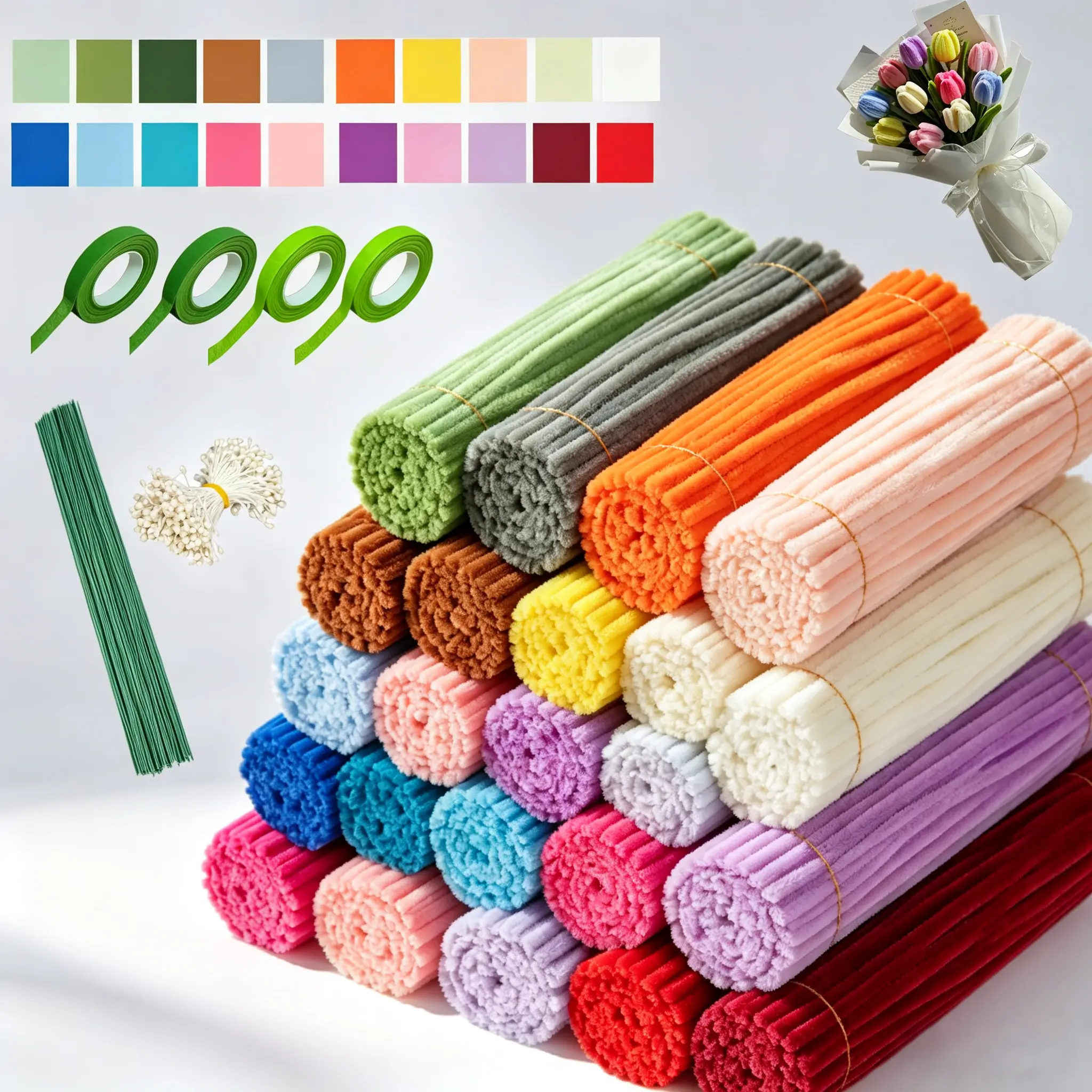 1134-Piece Thick Pipe Cleaner Flowers DIY Craft Kit, 20-Vibrant Colors Chenille Stems with Flower Stems, Tapes & Centers, Age 5+ Craft Tools, Floral Specialty Supplies for Toys & Hobbies