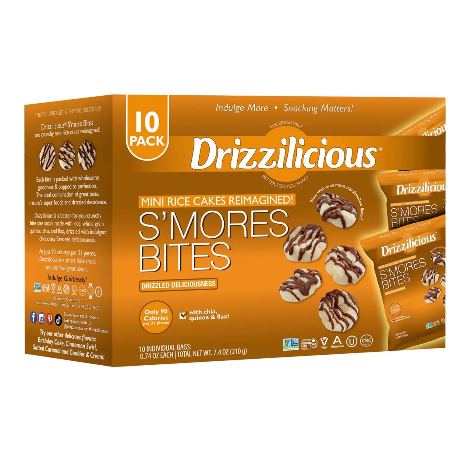 Drizzilicious Mini Flavored Rice Cakes S'mores Bites - Rice Crisps, Healthy Snack for Adults and Kids, Vegan, Gluten Free Snack, Allergen Free, Only 90 Calories Per Bag - 0.74 oz (Pack of 10) Sugar