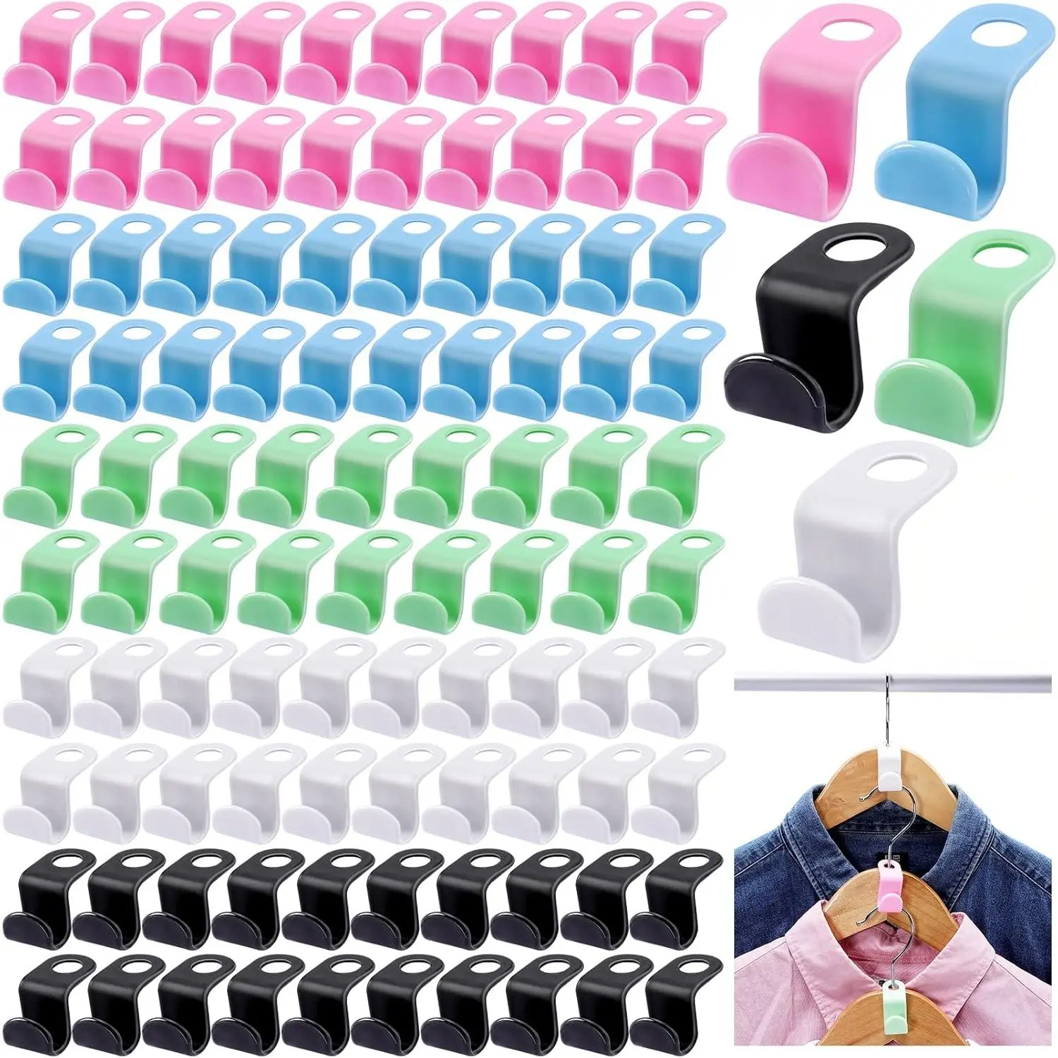 100 PCS Clothes Hanger Connector Hooks,Space Saving Cascading Hooks,Plastic Mini Connection Hooks,Hanger Extender Clips for Closet Clothes Organizer,Hanger Hooks for Hangers(Multicolor)