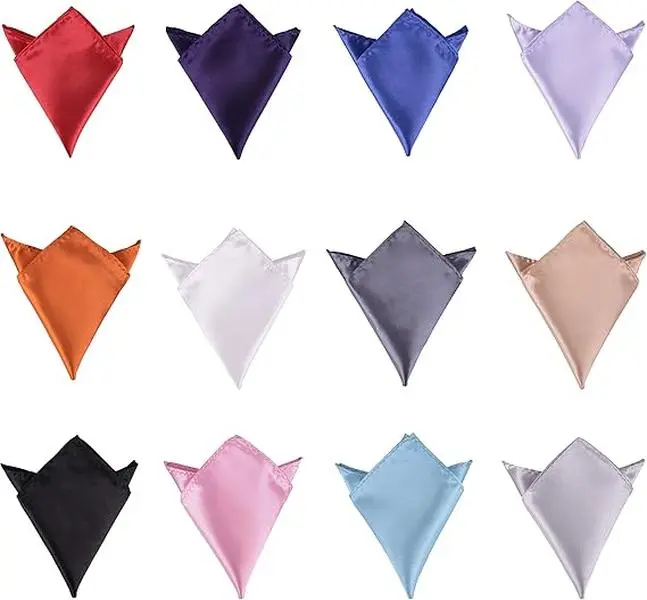 12 Pack Pocket Squares for Men, Satin Suit Handkerchiefs, 8.5 x 8.5 Inch | Each satin-style polyester square measures 8.5 x 8.5 inches, sized for suit, blazer, tuxedo, and vest pocket styling.