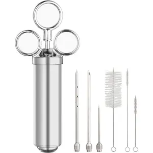 Meat Injector , 2oz Turkey Injector Seasoning, 304-Stainless Steel Seasoning Injector with 3 Marinade  and 3 Cleaning Brushes for Smoked BBQ Grilling