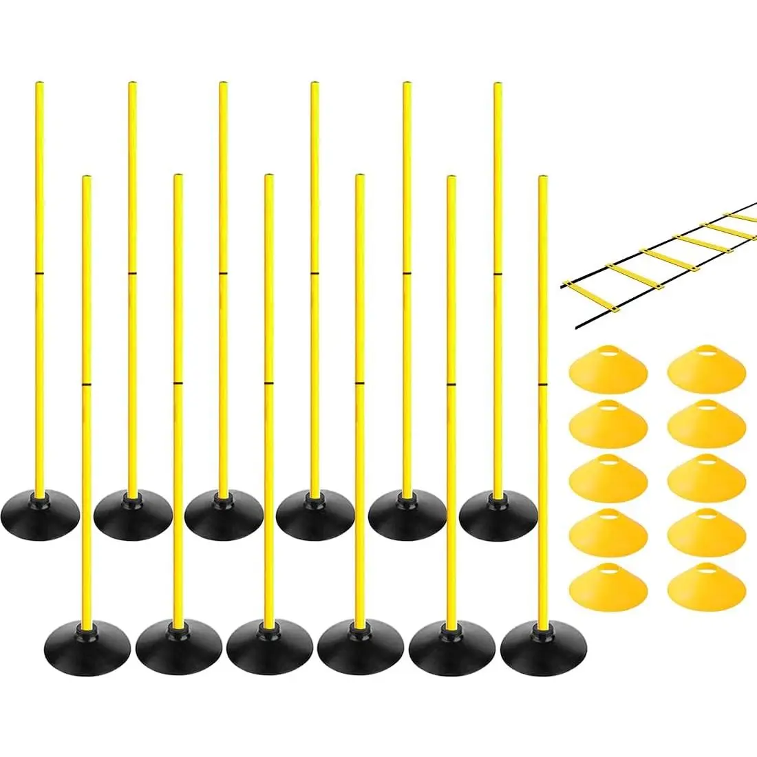 Agility Poles Set, 4.9ft Detachable PVC Slalom Poles with Speed Ladder & 10 Disc Cones, Portable Sports Training Equipment for Soccer Agility Drills, Training Aids, Portable Practice Equipment, 4.9Ft Poles