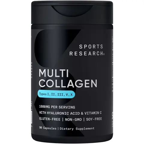 Sports Research Multi Collagen Pills (Type I, II, III, V, X) - Hydrolyzed Collagen Peptides with Hyaluronic Acid + Vitamin C - Non-GMO Verified & Gluten Free - 90 Capsules