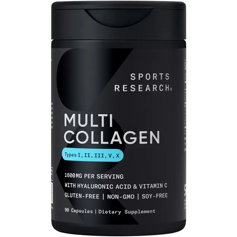 Sports Research Multi Collagen Pills (Type I, II, III, V, X) - Hydrolyzed Collagen Peptides with Hyaluronic Acid + Vitamin C - Non-GMO Verified & Gluten Free - 90 Capsules