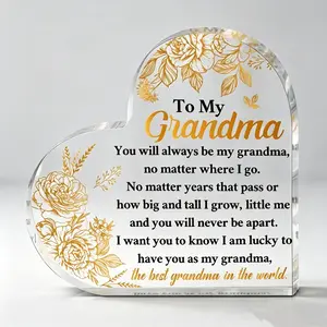Premium "To My Grandma" Heart Acrylic Plaque - Elegant Golden Floral Gift, Crystal Clear Minimalist Desk Art & Sentimental Grandmother Keepsake